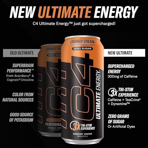 C4 Ultimate | Pre Workout Sugar Free Energy Drink | Tri-Stim Experience with 300mg Caffeine + TeaCrine + Dynamine | Orange Cream| 16oz (Pack of 12)