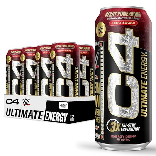 C4 Ultimate x WWE | Pre Workout Sugar Free Energy Drink | Tri-Stim Experience with 300mg Caffeine + TeaCrine + Dynamine | Berry Powerbomb | 16oz (Pack of 12)