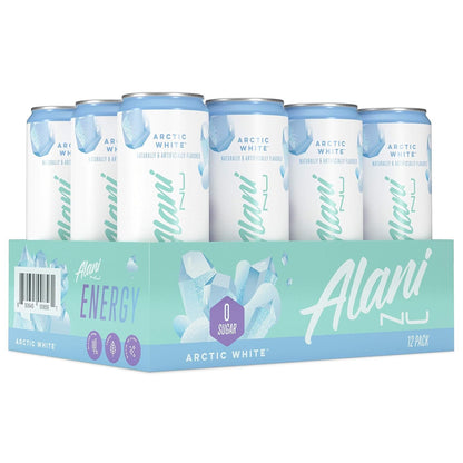 Alani Nu Sugar-Free Energy Drink, Pre-Workout Performance, Arctic White, 12 oz Cans (Pack of 12)
