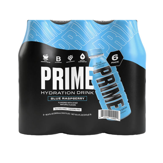 Prime Hydration Drink, Blue Raspberry, 16.9oz 6-Pack Bottles