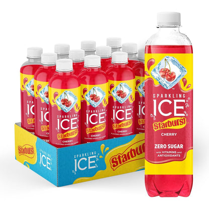 Sparkling Ice STARBURST Cherry, Zero Sugar Flavored Sparkling Water, with Vitamins and Antioxidants, Low Calorie Beverage, 17 fl oz Bottles (Pack of 12)