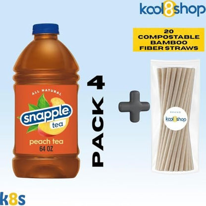 Snapple Peach All Natural Iced Tea 64 fl oz Plastic Bottle 4 Pack + 20 Compostable Bamboo Fiber Straws by KOOL8SHOP Infinite Deals