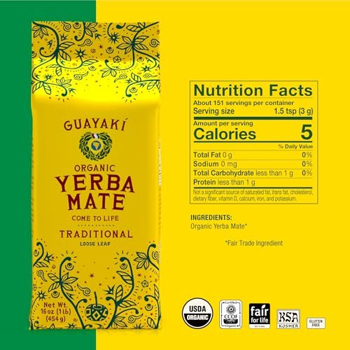 Guayakí Yerba Mate, Organic Traditional Unsweetened Loose Leaf, Perfect Hot Drink for Cold Weather, 16 Oz (Pack of 2), 40mg Natural Caffeine, Unsmoked, Smooth Energy & Focus