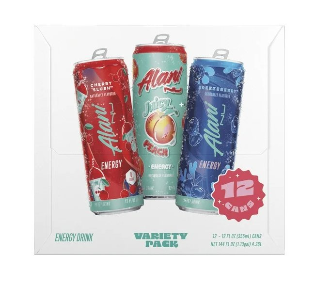 Alani Nu Sugar-Free Energy Drink, 12-pack Variety Pack, Juicy Peach, Cherry Slush, Breezeberry Stardust, 12oz Cans 12-pack Multi-pack (12 Cans)