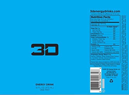 3D Energy Drink | Caffeine, Zero Sugar, Taurine, Panax Ginseng, Inositol, Guarana Seed, L-Carnitine Tartrate, 16 Fluid Ounce | 12 Pack (Blue)