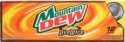 Mountain Dew Live Wire, Dew sparked with orange, 12-pack 12-ounce cans, Fridge Pack Shape