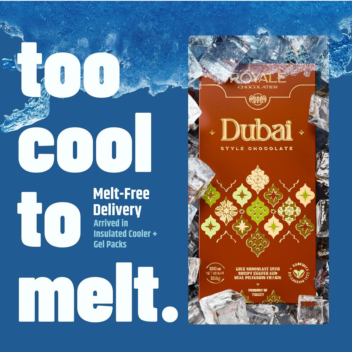 Royale Chocolatier Large Dubai Chocolate Bar (200 gr)|Grade-A Pistachio and Knafeh | Gooey Filling | Coverture Cocoa Butter | White Chocolate Drizzle | No Preservatives or Artificial Coloring