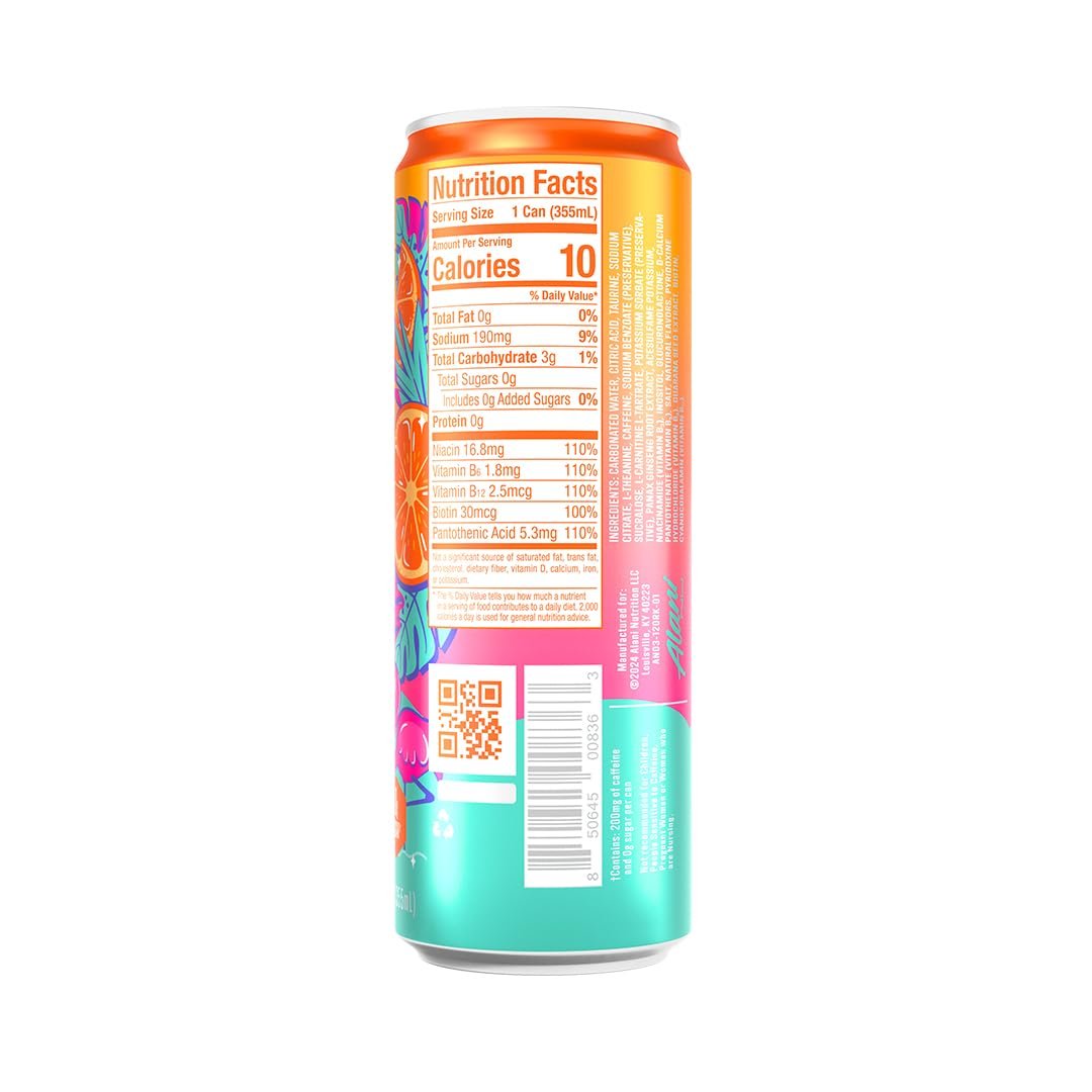 Alani Nu ORANGE KISS Sugar Free, Low Calorie Energy Drinks | 200mg Caffeine | Pre Workout Performance with Antioxidants | Biotin B Vitamins | Zero Sugar | 10 Calories | 12 Fl Oz Cans