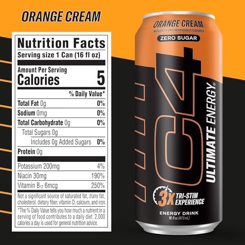 C4 Ultimate | Pre Workout Sugar Free Energy Drink | Tri-Stim Experience with 300mg Caffeine + TeaCrine + Dynamine | Orange Cream| 16oz (Pack of 12)