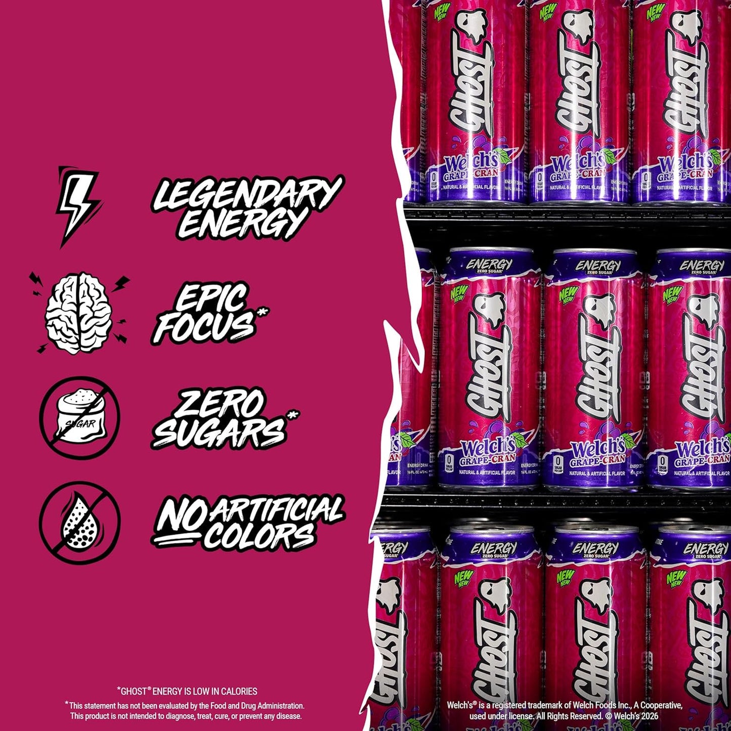 GHOST Energy Drink - 12-Pack, Welch's Grape-Cran, 16oz Cans - Energy & Focus & No Artificial Colors - 200mg of Natural Caffeine, L-Carnitine & Taurine - Gluten-Free & Vegan