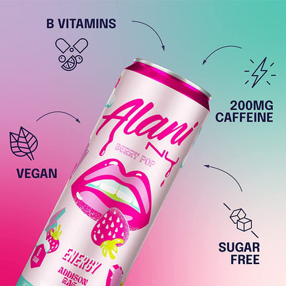 Alani Nu Sugar-Free Energy Drink, Pre-Workout Performance, Berry Pop, Addison Rae Collab, 12 oz Cans (Pack of 12)