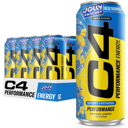 Cellucor C4 Performance Energy Drink | JOLLY RANCHER Blue Raspberry | Zero Sugar Carbonated Preworkout Energy | 200mg Caffeine with Beta Alanine | 16 Fl Oz (12 Pack)