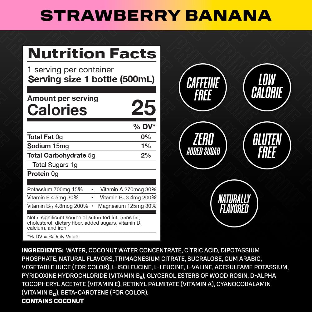 PRIME Hydration Strawberry Banana 16.9 Fl Oz (Pack of 12)