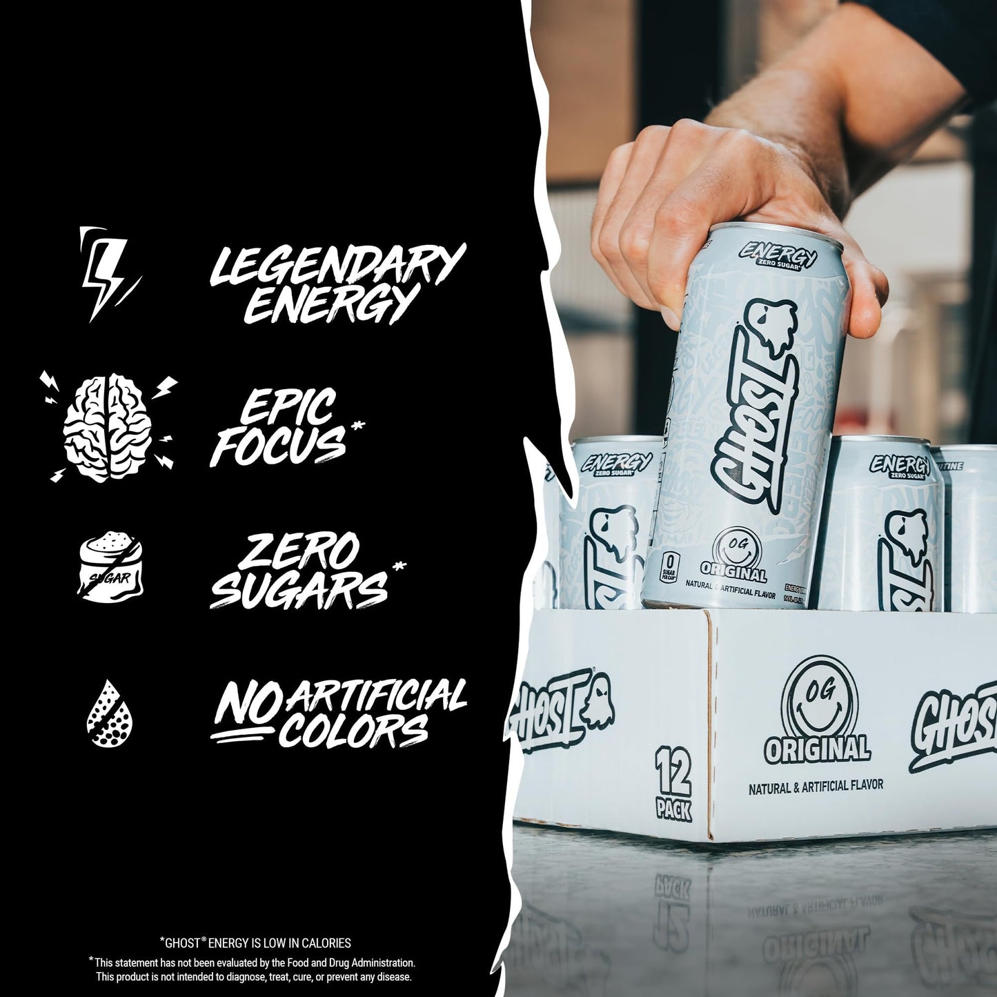GHOST Energy Drink - 12-Pack, Original, 16oz - Energy & Focus & No Artificial Colors - 200mg of Natural Caffeine, L-Carnitine & Taurine - Gluten-Free & Vegan