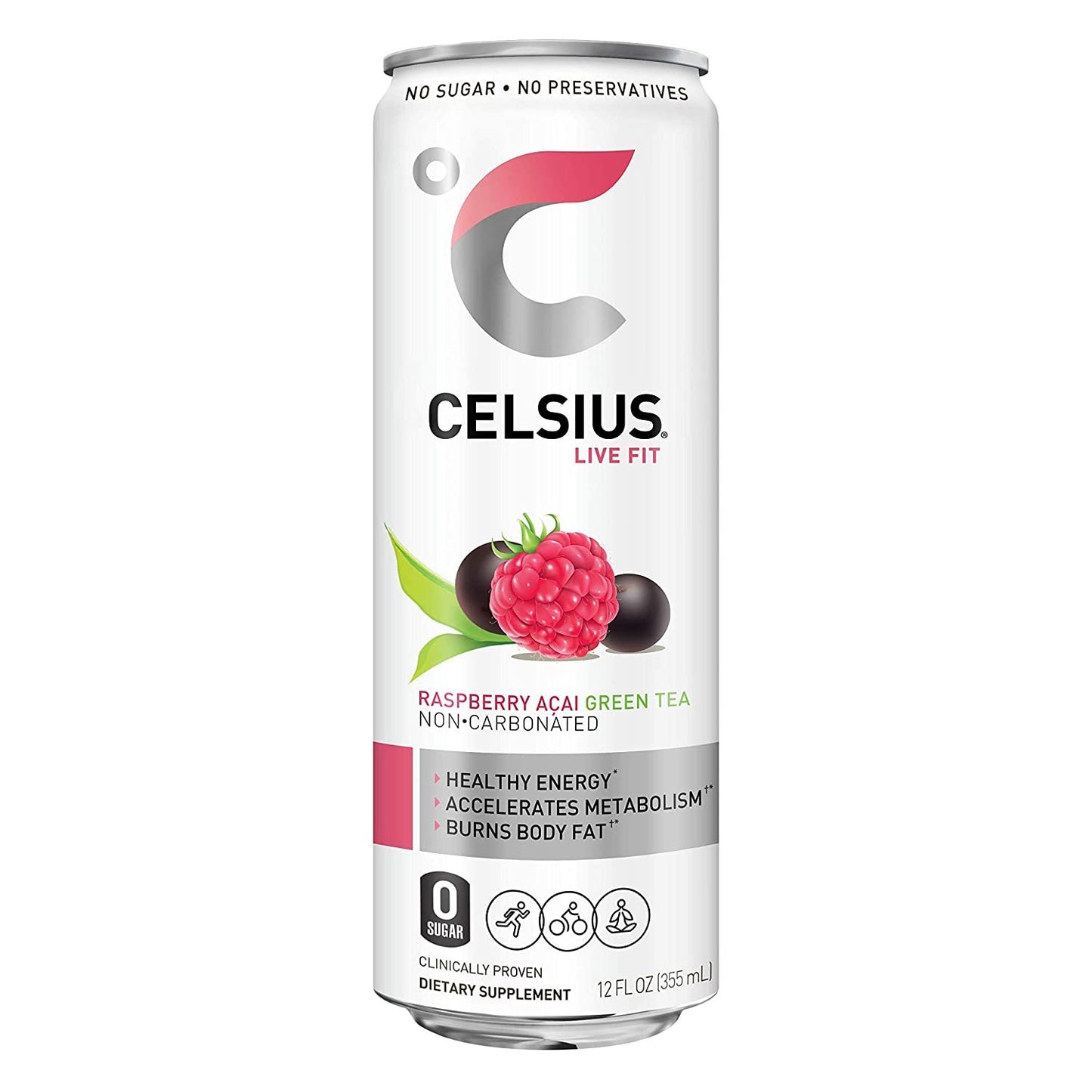 CELSIUS Essential Energy Drink 12 Fl Oz, Raspberry Acai Green Tea (Pack of 4)