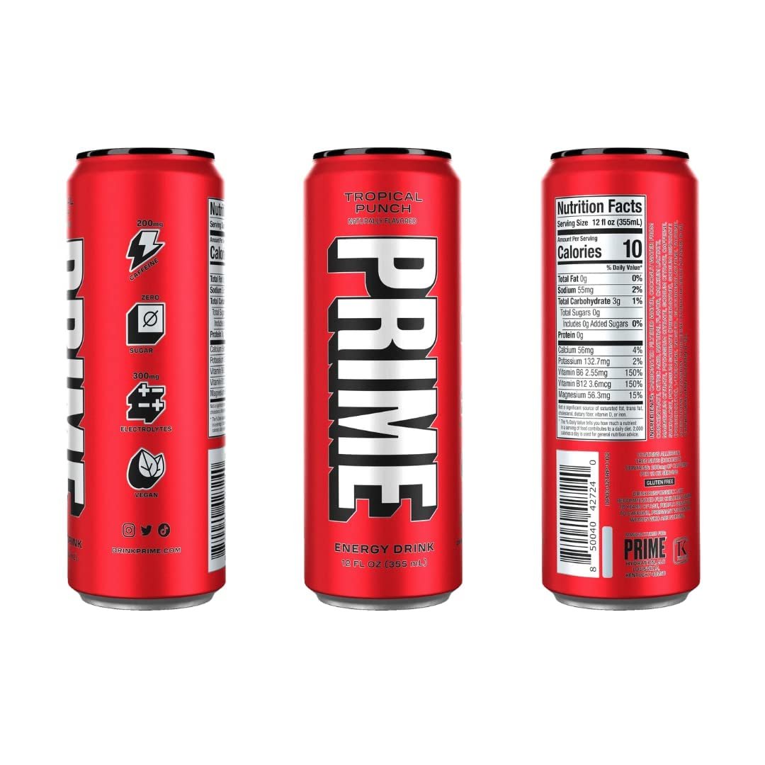 Prime Hydration Drink Energy Cans 6 Flavor Variety Sampler Pack - 200mg Caffeine, Zero Sugar, 300mg Electrolytes, Vegan - (12 Fl Oz Cans)