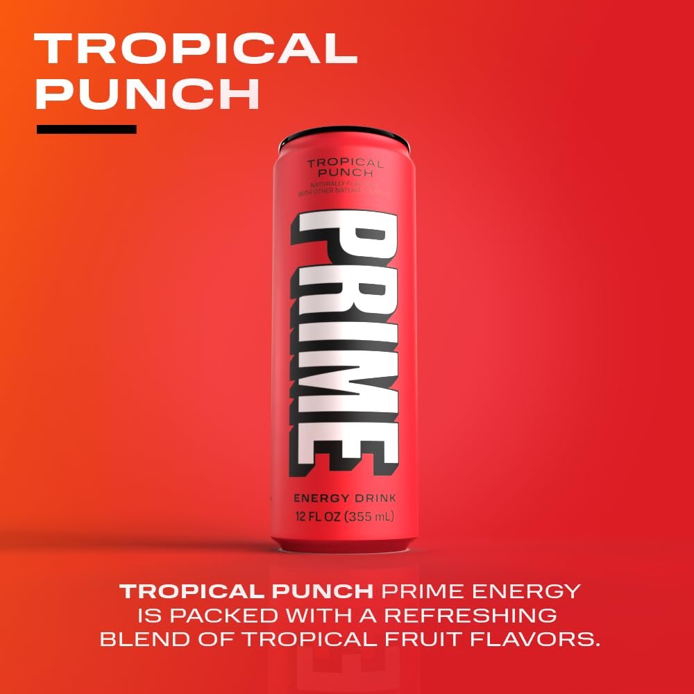 PRIME Energy TROPICAL PUNCH | Zero Sugar Energy Drink | Preworkout Energy | 200mg Caffeine with 355mg of Electrolytes and Coconut Water for Hydration| Vegan | Gluten Free |12 Fluid Ounce | 12 Pack