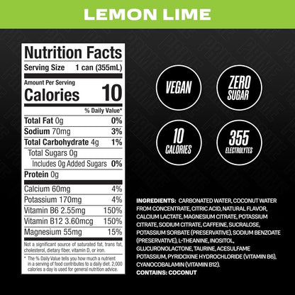 PRIME Energy LEMON LIME | Zero Sugar Energy Drink | Preworkout Energy | 200mg Caffeine with 355mg of Electrolytes and Coconut Water for Hydration| Vegan | Gluten Free |12 Fluid Ounce | 12 Pack