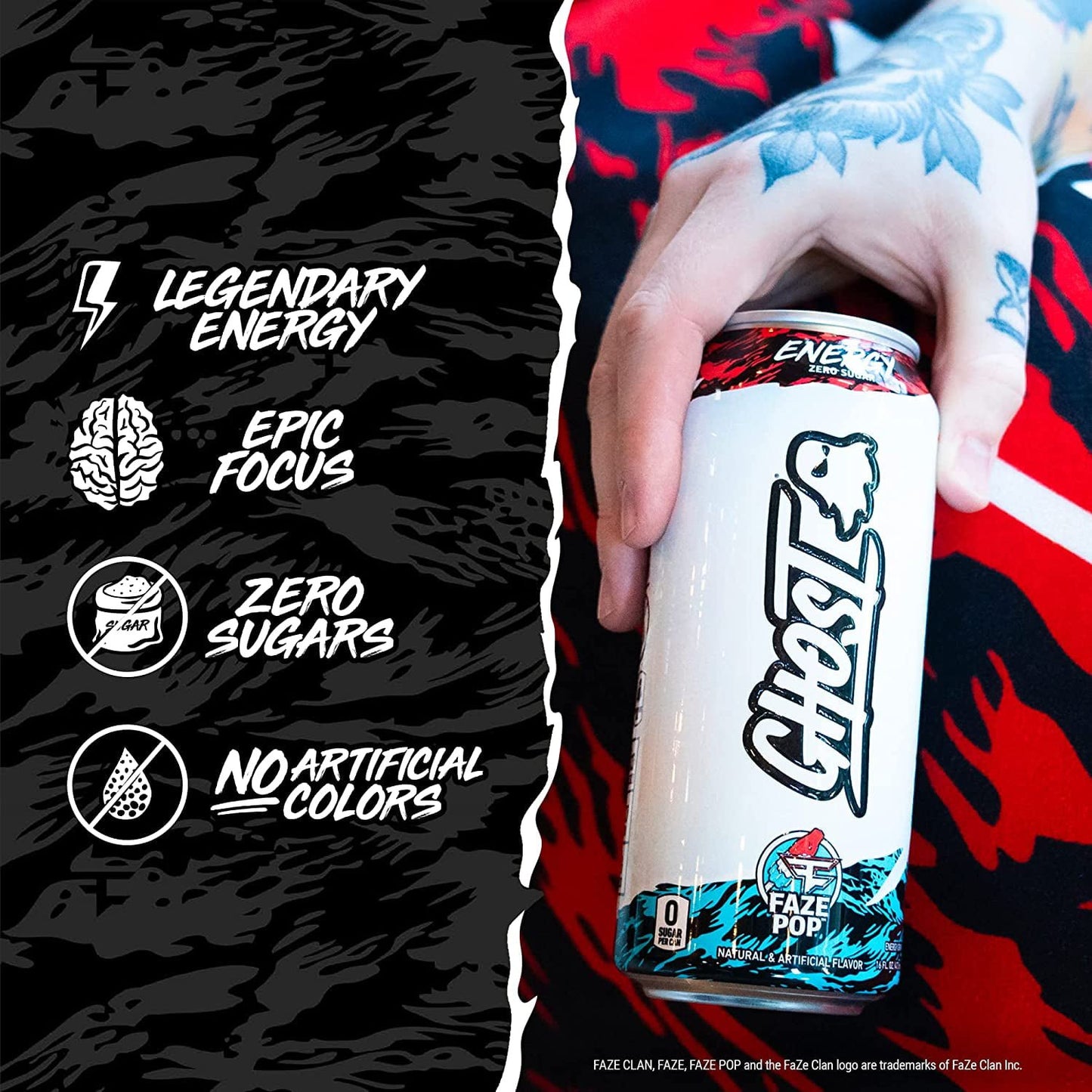 GHOST Zero Sugar Energy Drink, Faze Pop, 16 oz Can (12 Pack)