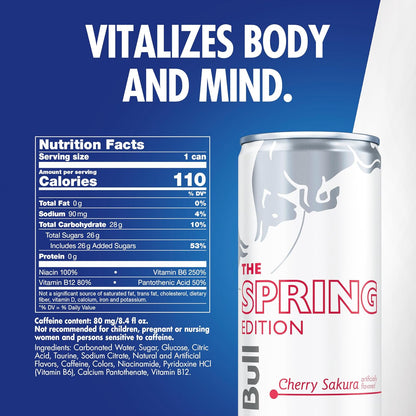 Red Bull Spring Edition Energy Drink, Cherry Sakura, 80mg Caffeine, Taurine & B Vitamins, 8.4 fl. oz. Pack of 24 Cans