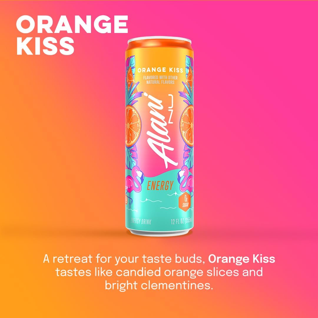 Alani Nu ORANGE KISS Sugar Free, Low Calorie Energy Drinks | 200mg Caffeine | Pre Workout Performance with Antioxidants | Biotin B Vitamins | Zero Sugar | 10 Calories | 12 Fl Oz Cans