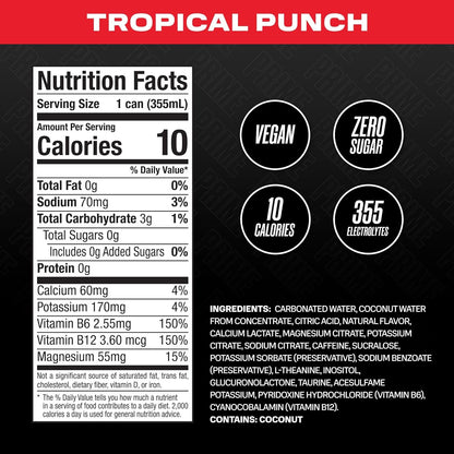 PRIME Energy TROPICAL PUNCH | Zero Sugar Energy Drink | Preworkout Energy | 200mg Caffeine with 355mg of Electrolytes and Coconut Water for Hydration| Vegan | Gluten Free |12 Fluid Ounce | 12 Pack