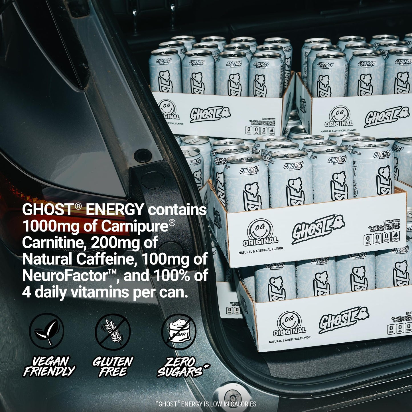 GHOST Energy Drink - 12-Pack, Original, 16oz - Energy & Focus & No Artificial Colors - 200mg of Natural Caffeine, L-Carnitine & Taurine - Gluten-Free & Vegan