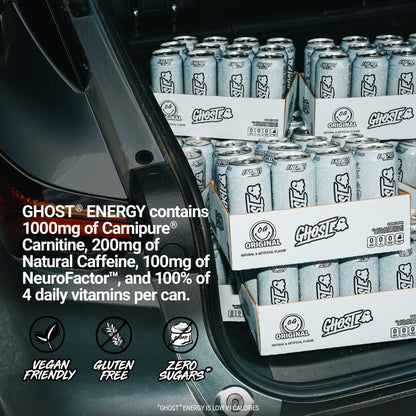GHOST Energy Drink - 12-Pack, Original, 16oz - Energy & Focus & No Artificial Colors - 200mg of Natural Caffeine, L-Carnitine & Taurine - Gluten-Free & Vegan