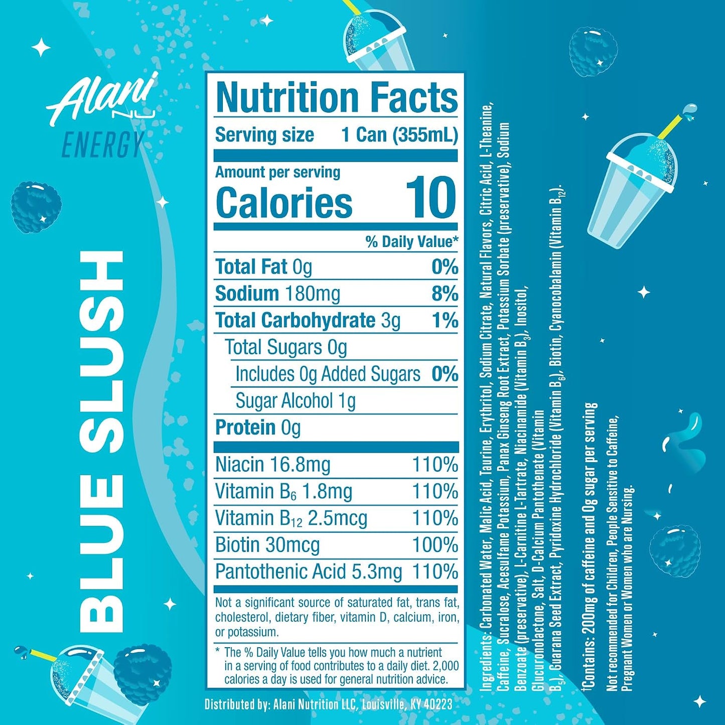 Alani Nu Energy Drinks 6 Pack Cans Sugar Free 200mg of Caffeine B Vitamins 12 Fl Oz (Blue Slush)