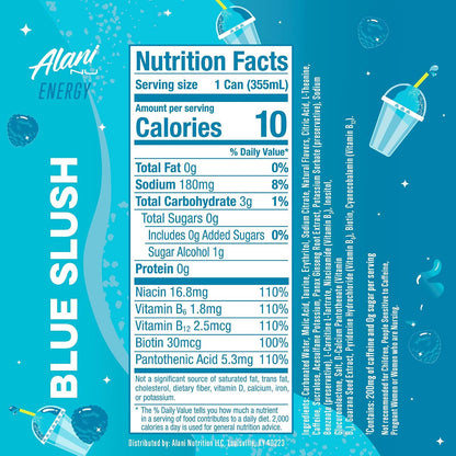 Alani Nu Energy Drinks 6 Pack Cans Sugar Free 200mg of Caffeine B Vitamins 12 Fl Oz (Blue Slush)