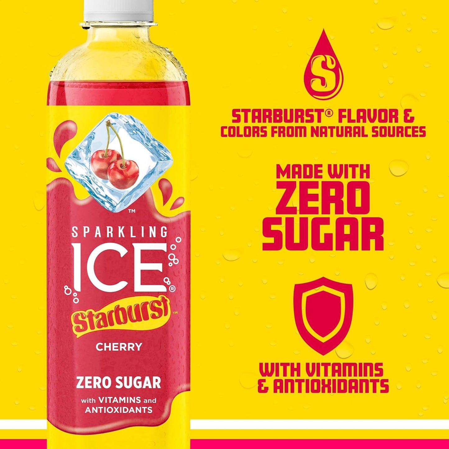 Sparkling Ice STARBURST Cherry, Zero Sugar Flavored Sparkling Water, with Vitamins and Antioxidants, Low Calorie Beverage, 17 fl oz Bottles (Pack of 12)