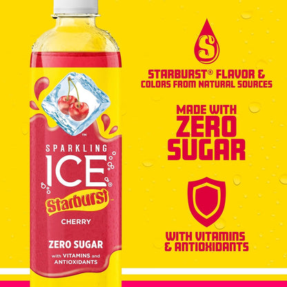 Sparkling Ice STARBURST Cherry, Zero Sugar Flavored Sparkling Water, with Vitamins and Antioxidants, Low Calorie Beverage, 17 fl oz Bottles (Pack of 12)