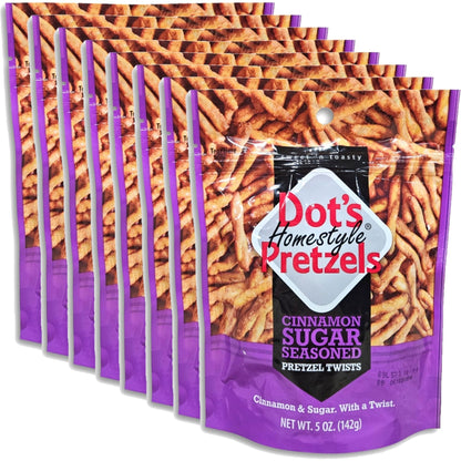 Dot's Homestyle Pretzels Cinnamon Sugar Seasoned Pretzel Twists, 5 Ounce Bag, Pack of 8