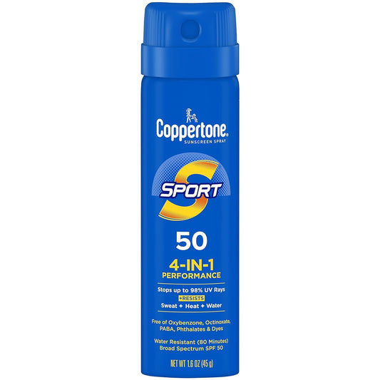 Coppertone SPORT Sunscreen Spray SPF 50, Water Resistant, Continuous Sunscreen, Broad Spectrum 50 Travel Size, 1.6 Oz