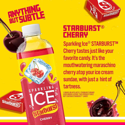 Sparkling Ice STARBURST Cherry, Zero Sugar Flavored Sparkling Water, with Vitamins and Antioxidants, Low Calorie Beverage, 17 fl oz Bottles (Pack of 12)