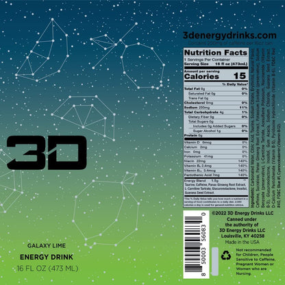 3D Energy Drink | 200mg Caffeine | Zero Sugar | Proprietary Energy Blend: Taurine, Panax Ginseng Root Extract, L-Carnitine Tartrate, Glucuronolactone, Inositol, Guarana Seed Extract | 16 Fluid Ounce Per Can | Galaxy Lime (12 Pack)