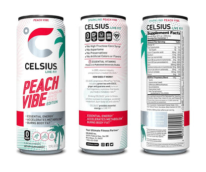 CELSIUS Essential Energy Drink 12 Fl Oz, Sparkling Peach Vibe (Pack of 12)