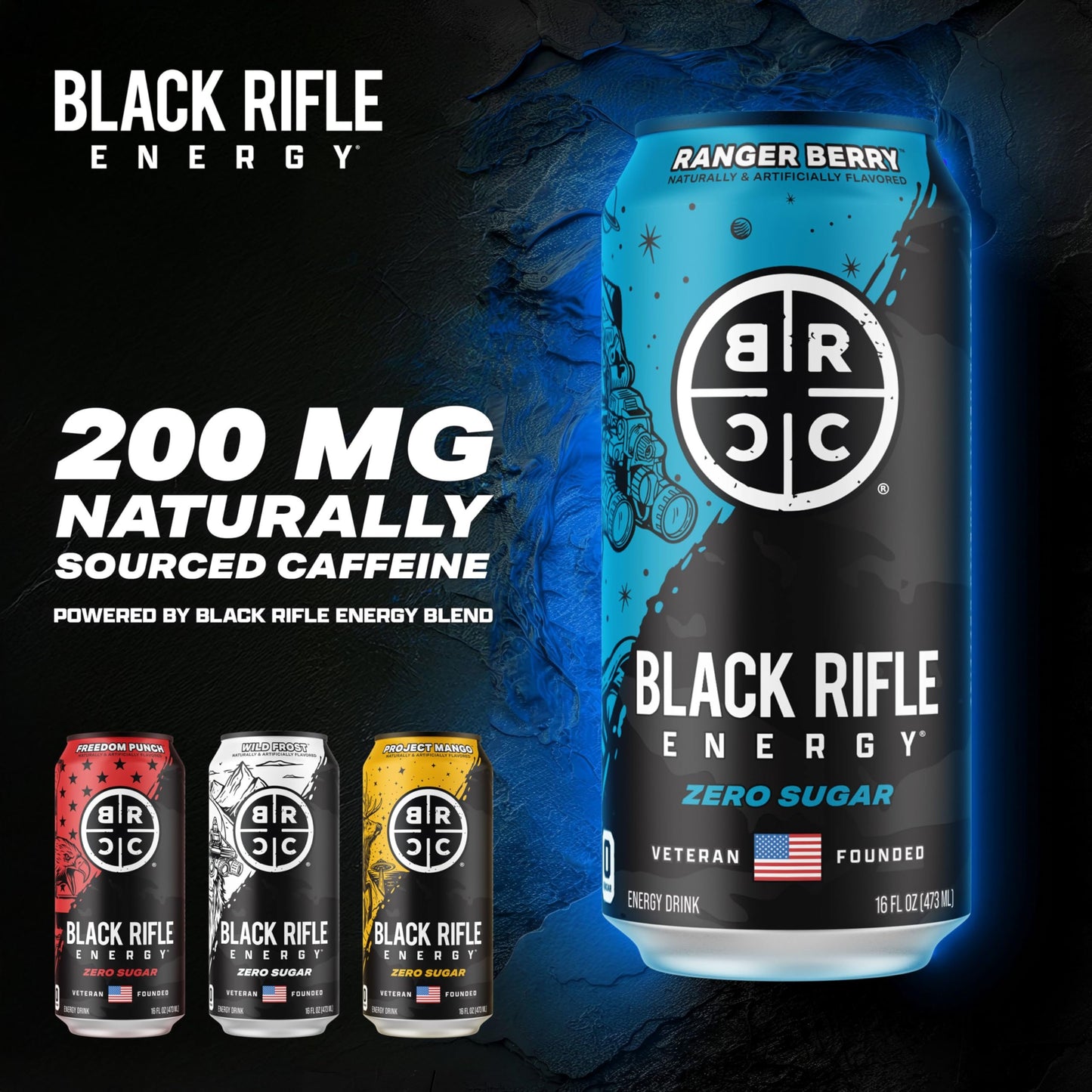 Black Rifle Energy Ranger Berry Zero Sugar Energy Drink, 200mg Caffeine, 16 fl oz can (Pack of 12)