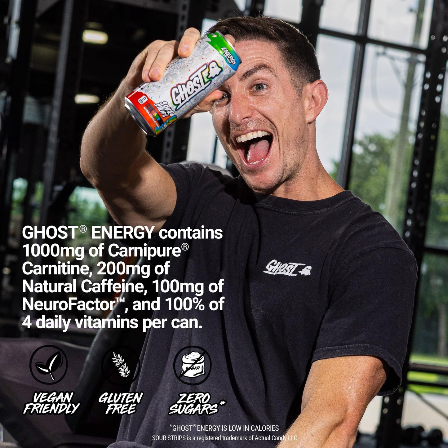 GHOST Energy Drink - 12-Pack, Sour Strips Rainbow, 16oz Cans - Energy & Focus & No Artificial Colors - 200mg of Natural Caffeine, L-Carnitine & Taurine - Gluten-Free & Vegan
