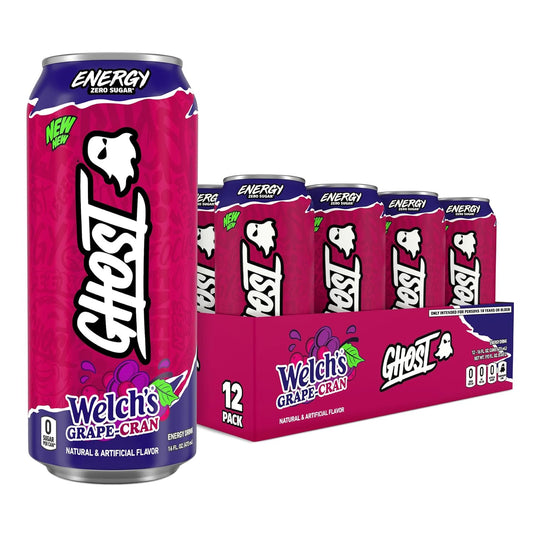 GHOST Energy Drink - 12-Pack, Welch's Grape-Cran, 16oz Cans - Energy & Focus & No Artificial Colors - 200mg of Natural Caffeine, L-Carnitine & Taurine - Gluten-Free & Vegan
