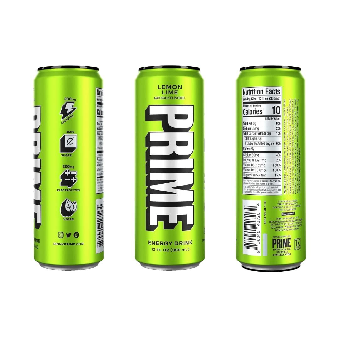 Prime Hydration Drink Energy Cans 6 Flavor Variety Sampler Pack - 200mg Caffeine, Zero Sugar, 300mg Electrolytes, Vegan - (12 Fl Oz Cans)