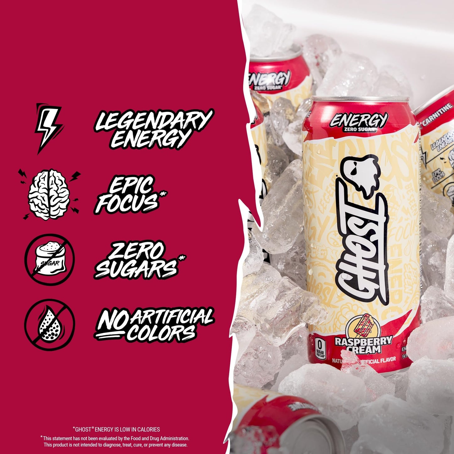 GHOST Energy Drink - 12-Pack, Raspberry Cream, 16oz Cans - Energy & Focus & No Artificial Colors - 200mg of Natural Caffeine, L-Carnitine & Taurine - Gluten-Free & Vegan