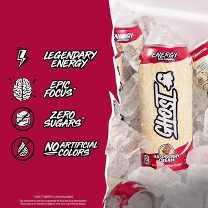 GHOST Energy Drink - 12-Pack, Raspberry Cream, 16oz Cans - Energy & Focus & No Artificial Colors - 200mg of Natural Caffeine, L-Carnitine & Taurine - Gluten-Free & Vegan