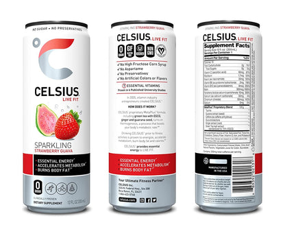 CELSIUS Essential Energy Drink, Sparkling Strawberry Guava 12 Fl Oz (Pack of 12)