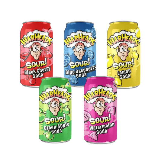 WARHEADS SODA - Sour Fruity Soda with Classic Warheads Flavors – Perfectly Balanced Sweet and Sour Soda - Warheads Candy Throwback Treat, Soda, Cocktail Mixer, Pack of 5, 12oz Cans (Sampler Pack)