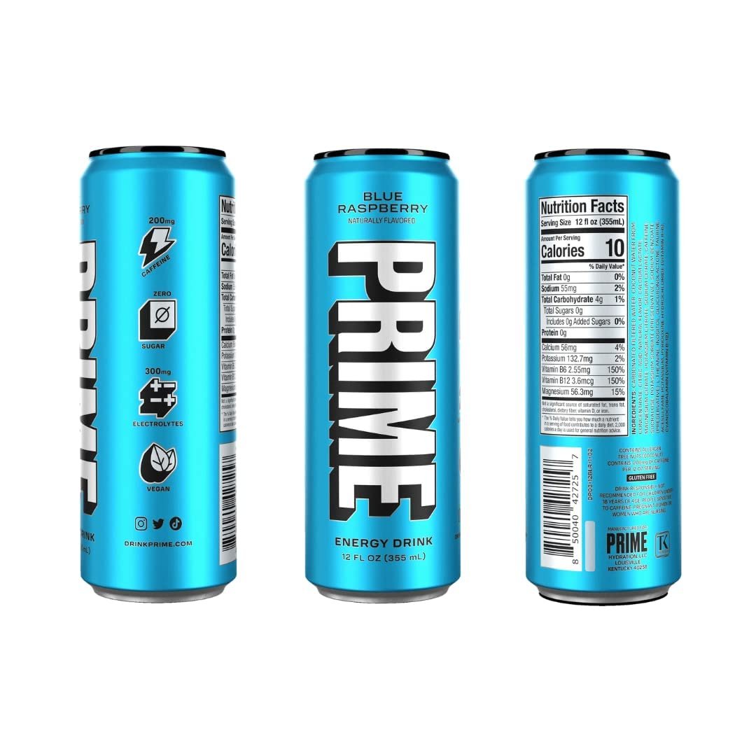 Prime Hydration Drink Energy Cans 6 Flavor Variety Sampler Pack - 200mg Caffeine, Zero Sugar, 300mg Electrolytes, Vegan - (12 Fl Oz Cans)