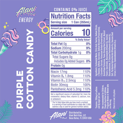 Alani Nu Purple Cotton Candy Sugar Free Energy Drink (Pack of 12)
