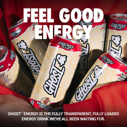GHOST Energy Drink - 12-Pack, Raspberry Cream, 16oz Cans - Energy & Focus & No Artificial Colors - 200mg of Natural Caffeine, L-Carnitine & Taurine - Gluten-Free & Vegan