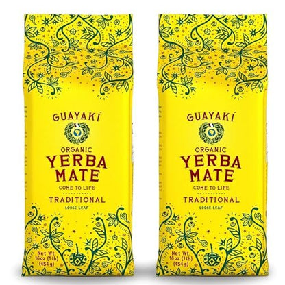 Guayakí Yerba Mate, Organic Traditional Unsweetened Loose Leaf, Perfect Hot Drink for Cold Weather, 16 Oz (Pack of 2), 40mg Natural Caffeine, Unsmoked, Smooth Energy & Focus