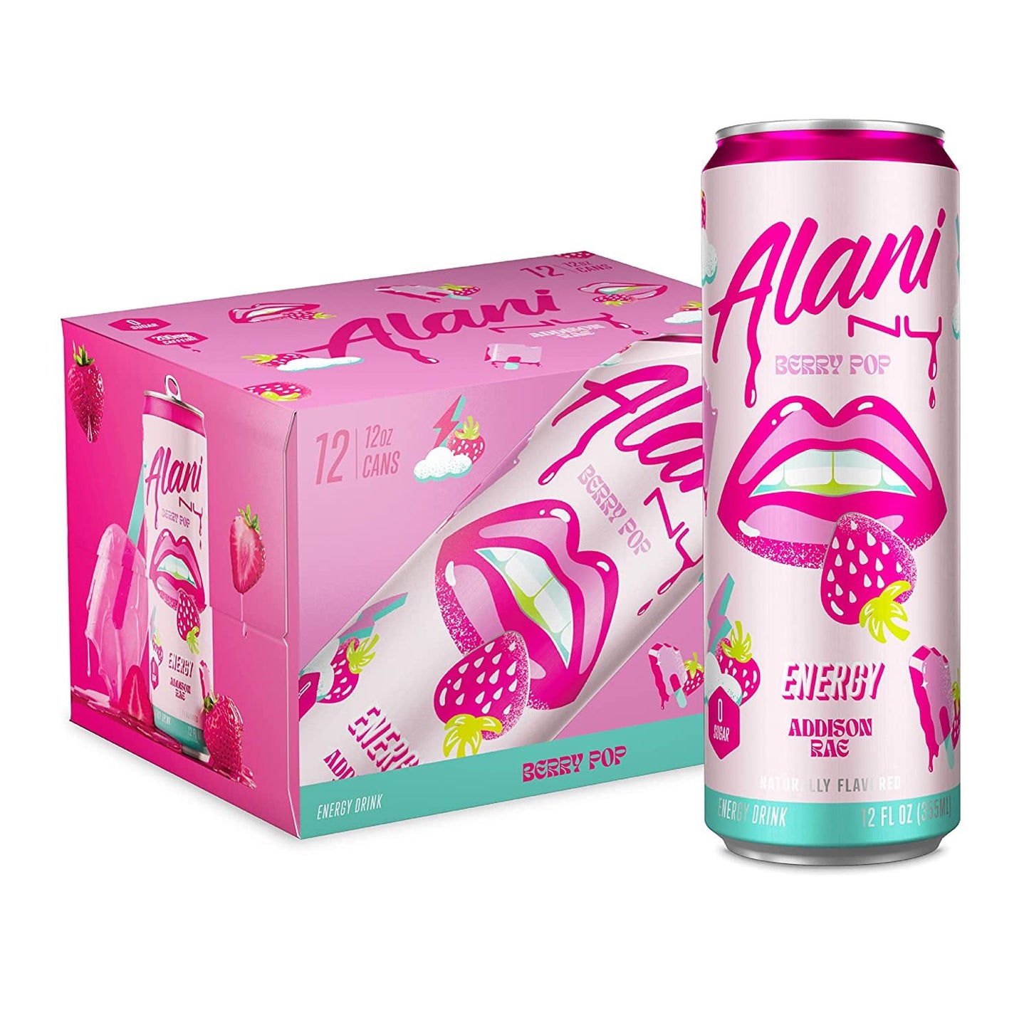 Alani Nu Sugar-Free Energy Drink, Pre-Workout Performance, Berry Pop, Addison Rae Collab, 12 oz Cans (Pack of 12)